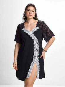 Slumbrini Plus Size Sexy Lace Patchwork Black Nightgown - Black - View 1