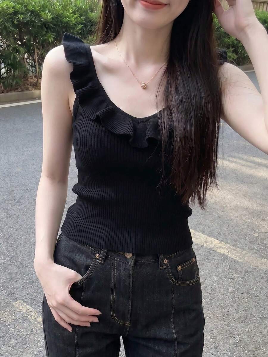 DAZY Top de punto sin mangas con volantes de unicolor - Negro - Ver 1