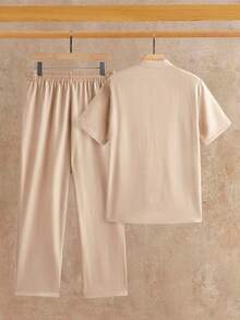 HIMLAND Men's Button Half-Placket Short Sleeve Shirt And Drawstring Waist Pocket Pants Set - Khaki - View 2