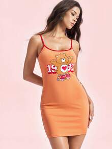 SHEIN X Care Bears 女款熊圖案修身細肩帶短洋裝，橘色夏季休閒可愛外出夜生活裙 - 橘色 - 查看 5