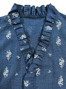 SHEIN Blue Short Sleeve Floral Print Women Top, Ruffle Neck Paneling Casual Shirt For Summer Outdoor Holiday Vacation Outfits - Blue - View 9