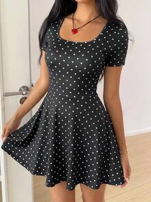 SHEIN EZwear Damen Lässig Süß Schwarz-Weißes Polka-Dot Kleid für Sommer Date Alltag - Schwarz und Weiss - Übersicht 5
