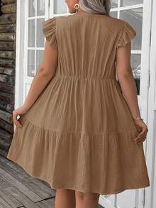 SHEIN LUNE Plus Size Summer Casual Solid Color Lace Patchwork Dress - Brown - View 2