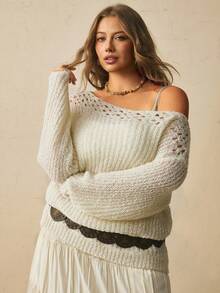Freevana Boho Soft Form Allover White Ribbed Knit Sweater With Crochet Yoke Off-Shoulder Neck Cozy Autumn Party Office Date Night Top Pullovers For Women Fall - White - View 13