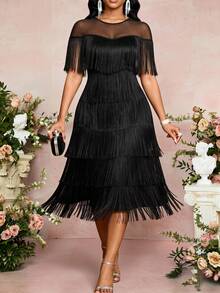 Fleurora Plus Size Mesh Patchwork Multi-Layer Tassel Dress - Black - View 4