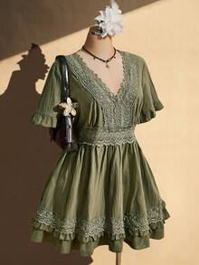 SHEIN ICON Women's Plus Size Lace Patchwork V-Neck Dress Cruise Vacation Olive Green Summer Bohemian Boho - Green - View 1