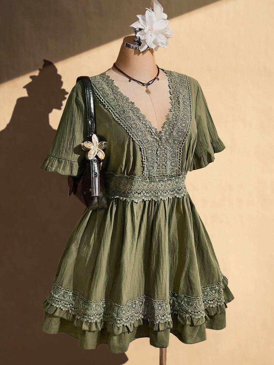 SHEIN ICON Women's Plus Size Lace Patchwork V-Neck Dress Cruise Vacation Olive Green Summer Bohemian Boho - Green - View 1