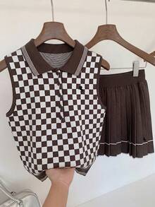 Comfortcana Women's Equestrian Preppy Retro Vintage 70s 80s Embroidered Plaid Contrast Color Knit Vest And Pleated Mini Skirt 2 Pieces Set Shades Of Brown Autumn - Brown - View 2