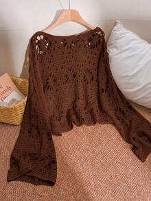 CosyJoli Plus Size Women's Hollow Out Design Round Neck Long Sleeve Loose Knit Sweater - Rust Brown - View 2