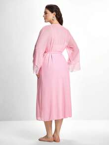 Slumbrini Set de 2 piezas de bata y camisón de pijama con parches de encaje de lujo, talla grande - Rosa - Ver 2