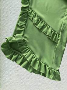 SHEIN Raffinéa Celana Panjang Wanita Terbaru Warna Hijau Zaitun dengan Hiasan Ruffle dan Patchwork, Celana Kasual Tipis Musim Panas dengan Pinggang Tinggi dan Desain Draping yang Serbaguna dan Melangsingkan. - Hijau - View 4