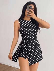 SHEIN EZwear 女款休閒復古經典黑白波點露背修身連身褲 - 彩色 - 查看 6