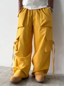 PAVTROS Men's Solid Color Drawstring Waist Cargo Pocket Wide Leg Casual Pants - Yellow - View 4