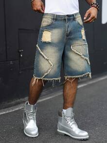 Manfinity EMRG Shorts de mezclilla estilo callejero americano con patchwork, deshilachados y desgastados - Azul - Ver 8