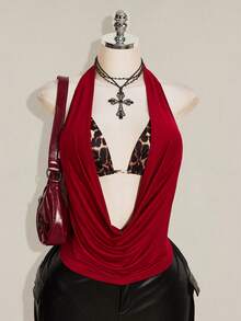 SHEIN ICON 女款大尺碼復古性感個性化休閒 Y2K 都市現代風紅色巧克力棕色細肩帶背心豹紋綁帶式內衣兩件組夏季 - 酒紅色 - 查看 1