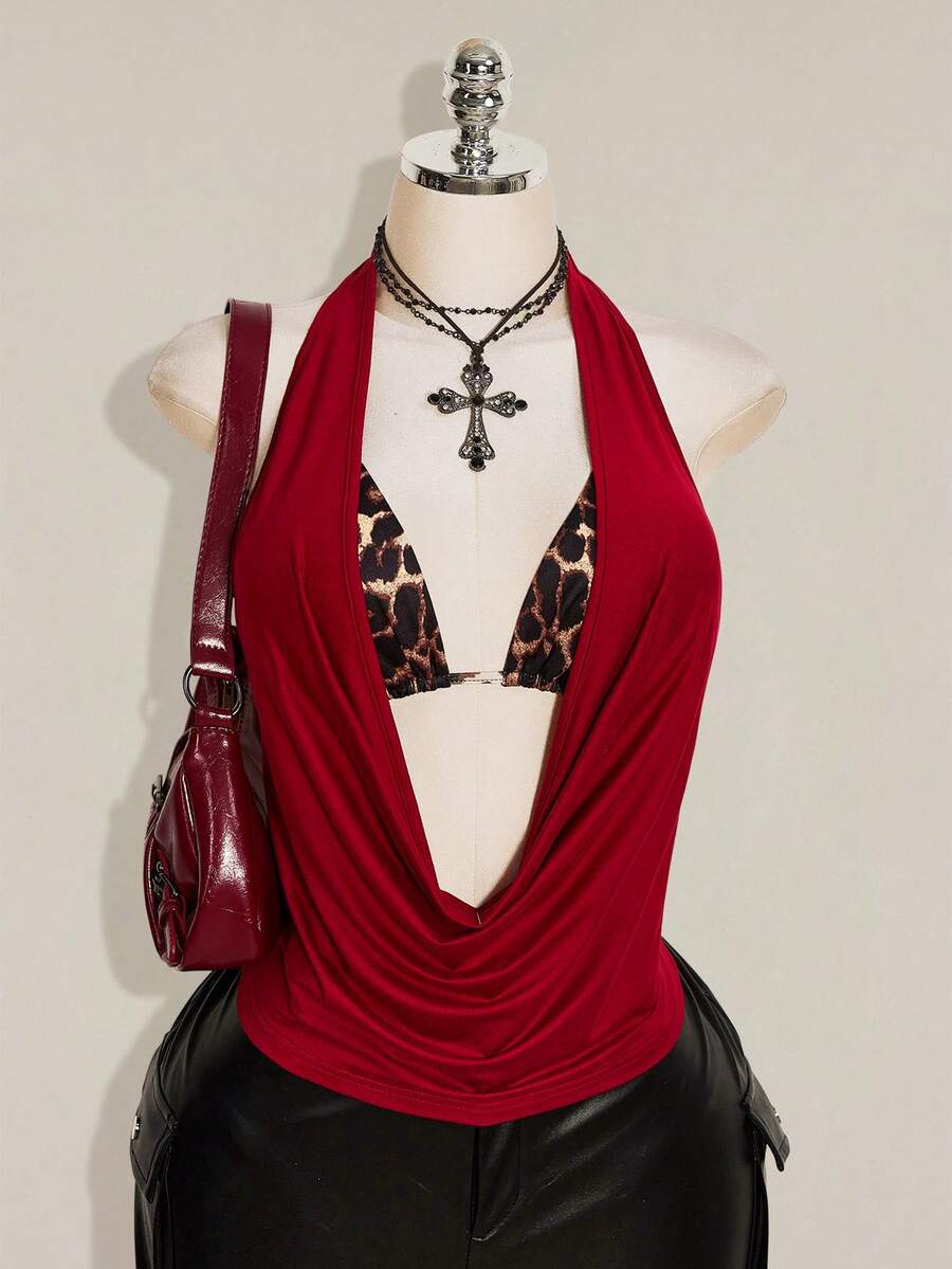 SHEIN ICON 女款大尺碼復古性感個性化休閒 Y2K 都市現代風紅色巧克力棕色細肩帶背心豹紋綁帶式內衣兩件組夏季 - 酒紅色 - 查看 1