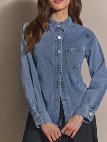 COSMINA Denim 女款休閒牛仔上衣，適合春秋白天外出，淺藍色，教師穿搭 - 藍色 - 查看 3