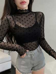 FRIFUL Women's Polka Dot Print Mesh Long Sleeve Top With Stand Collar - Black - View 12