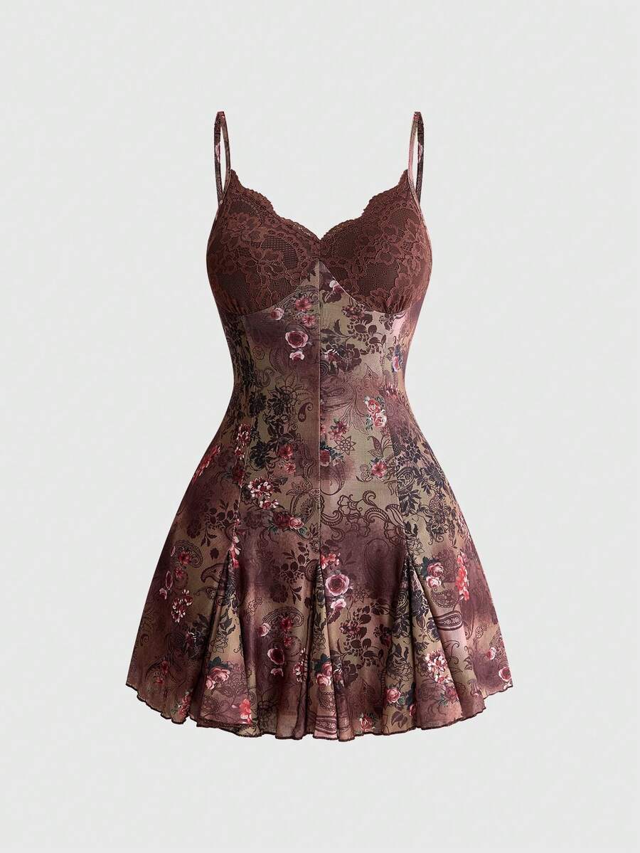 ROMWE Dark Floral Forest Hippie Romantic Gothic Palace Print Loose Slimming Women's Spaghetti Strap Mini Dress - Brown - View 1