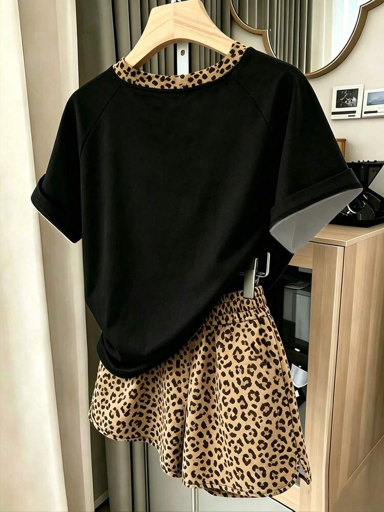 Resyla 女款戶外套裝，夏季新品，短袖T恤與短褲套裝，豹紋圖案，棕色、黑色，街拍風格，節慶穿搭，女款T恤與短褲套裝 - 彩色 - 查看 2