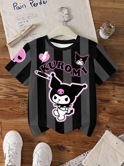 HELLO KITTY AND FRIENDS | SHEIN Tween Girl Cute Cartoon Print Striped Crew Neck Short Sleeve T-Shirt