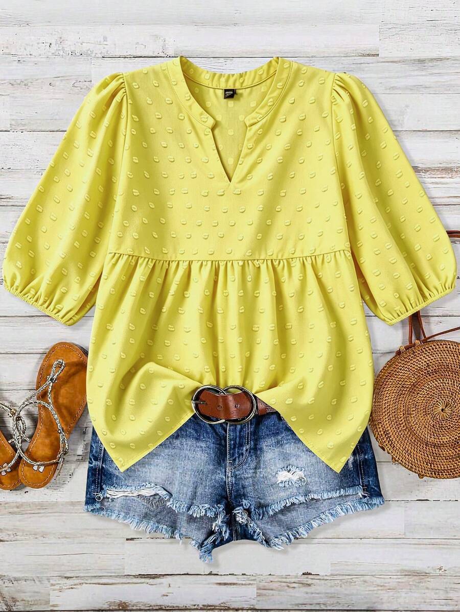 Linhara CURVE Plus Size Women's Floral Print Notch V-Neck Puff Sleeve Casual Normal Traditional Blouse Valentine's Day Formal Party Yellow Autumn - Yellow - View 1