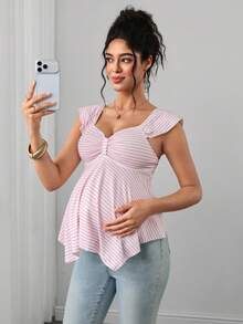 Momance Maternity Top With Ruffle Short Sleeves, Lace Collar, Sweetheart Neckline, Bow Detail, A-Line Hem, Single Layer White Design Baby Shower Casual - Pink - View 7