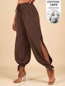 Travachic Women's Solid Color Split Hem Tie Lantern Pants Loose Casual Boho Long Pants Beach Dark Brown Autumn - Brown - View 2