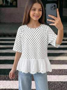 SHEIN 兒童青少年女孩休閒復古圓點印花圓領插肩袖短袖拼接刺繡蕾絲飾邊T恤上衣 - 白色 - 查看 4