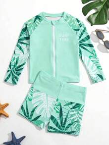 小男孩熱帶植物文字印花前開拉鍊長袖上衣與短褲泳裝套裝 - 薄荷藍 - 查看 3