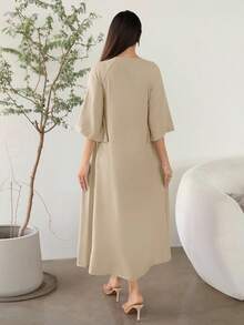 Al Najma Women's Elegant Arabian Dress With 3D Floral Decor And Raglan 3/4 Sleeves - Khaki - View 7