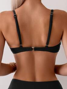 Swim Chiccia Summer Beach Pleated Spaghetti Strap Bikini Set - Black - View 9