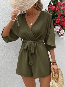 Vivid Eden Women's Summer V-Neck Criss-Cross Wrap Waist Tie-Up Lace Trim Textured Fabric Casual Vacation Romper - Dark Green - View 5