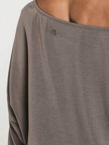 11SKNDS Oversized Off-Shoulder Long Sleeve Top With Asymmetric Neckline, Draped Front Detail, Ribbed Hem, Casual Everyday Slouchy Pullover Top For Fall Winter - Brown - View 5