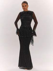 SHEIN BAE Women's Vintage Black Polka Dot Round Neck Flare Sleeve Ruffle Trim Mermaid Tail Extra Long Dress, Polka Dot Dress, Party, Formal Gathering, Evening Out Dress, Wedding Cocktail Dress, Halloween Dress, Christmas Dress - Black and White - View 3