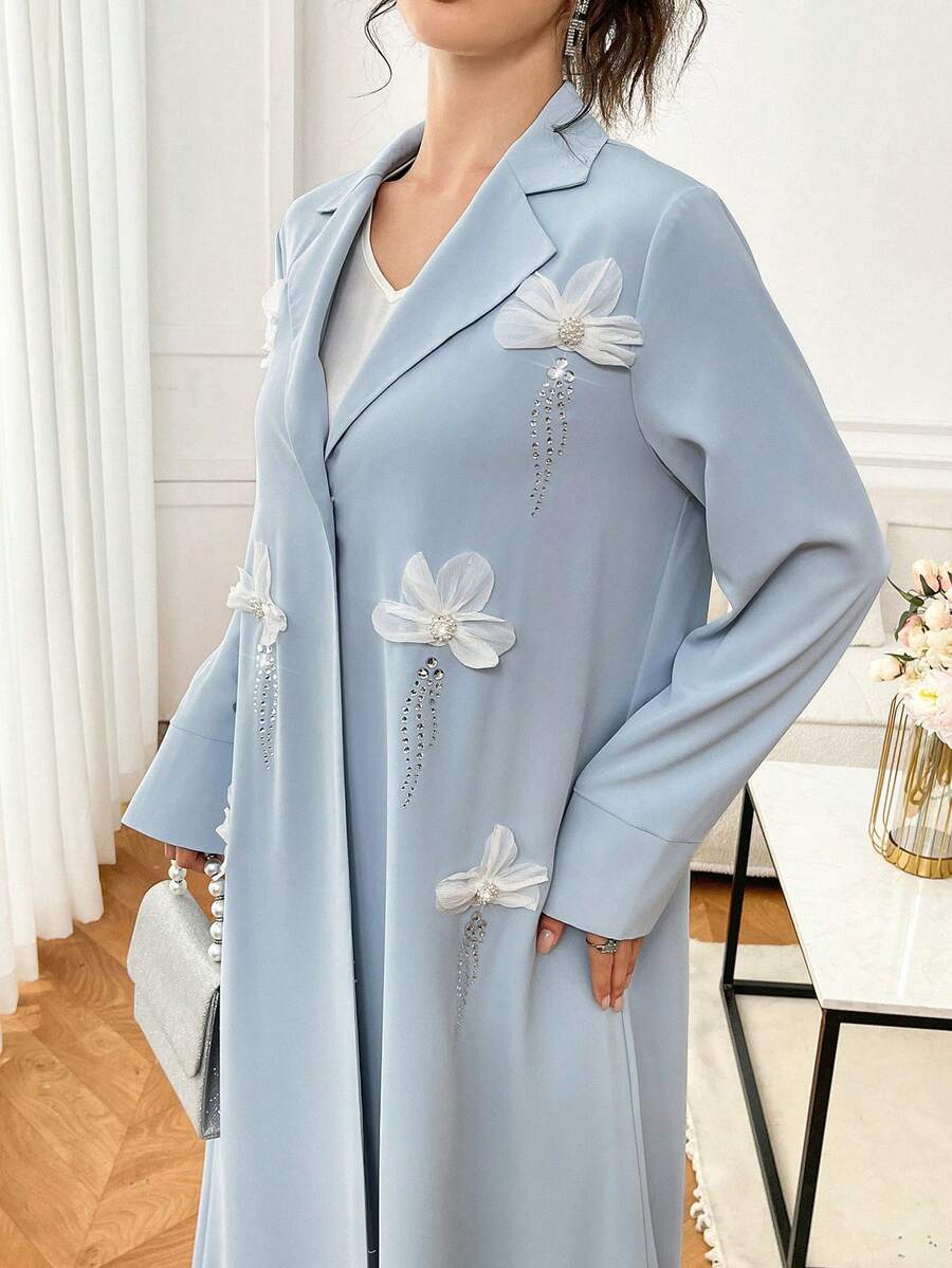 Yasmyna Women's Elegant Elegant 3D Floral Decor Rhinestone Embellished Abaya - Blue - View 1