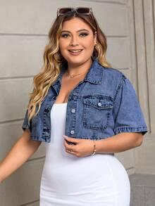 SHEIN ICON Plus Size Women's Single-Breasted Casual Versatile Everyday Denim Top - Dark Wash - View 6