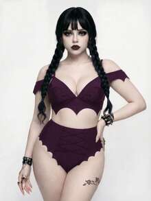 ROMWE Goth 2026新款春夏大尺碼女款泳衣套裝，度假海灘穿搭 - 紫色 - 查看 3