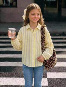 SHEIN Tween Girl Striped Long Sleeve Single-Breasted Casual Loose Shirt - Yellow - View 2