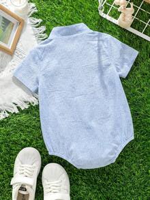 SHEIN Baby Boy Baby Girl Casual Daily Small Stand Collar Button-Up Romper Suitable For Spring And Summer Outings - Blue - View 2