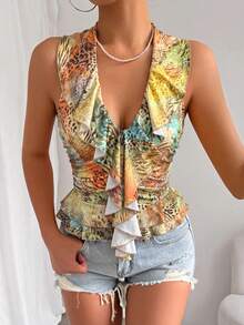 Femesol Top de tirantes con cuello en V, volantes y estampado de leopardo & cebra patchwork para mujer - Multicolor - Ver 3