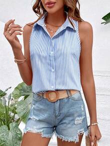 SHEIN Holidaya 女款夏季法式優雅通勤翻領無袖寬鬆百搭粉色與白色條紋休閒開襟襯衫 - 藍白色 - 查看 5