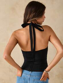 SHEIN BAE Camiseta de tirantes finos de algodón puro de unicolor negro con encaje de contraste, ajuste ceñido, para mujer, primavera/verano - Negro - Ver 2