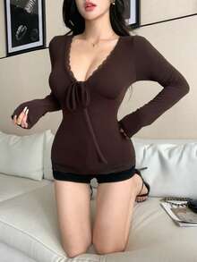 Joudiya Autumn Brown Lace Trim Patchwork Slim Fit Base Layer T-Shirt Elegant Women's Long Sleeve - Brown - View 6