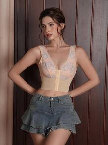 Myrelith 1件女款性感露背蕾絲拼接塑身上衣 - 杏色 - 查看 4