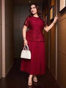 Modelyn Plus Size Women's Round Neck Lace Waist Tie Pleated Casual Date Outing Summer Dress - Burgundy - View 7