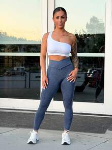SAYEHFBABY Seamless High Elasticity Yoga Exercise Sports Criss-Cross Waist Sandwashed Sports Leggings - Navy Blue - View 4