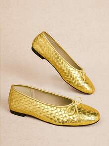 Rosivie Women's Woven Ballet Flats, Round Toe Bow Decoration Casual Soft Sole Slip-On Daily Walking Flats - Gold - View 3