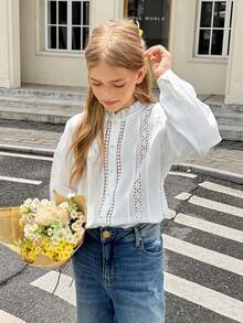 SHEIN 青少年女孩休閒純棉白色襯衫，刺繡裝飾、荷葉邊、單排扣，純白色優雅鏤空襯衫，春季風格 - 白色 - 查看 7