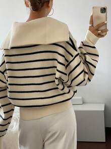 Dazy Tall Women's Loose Striped Casual Pullover Sweater Fall - Black and White - View 2